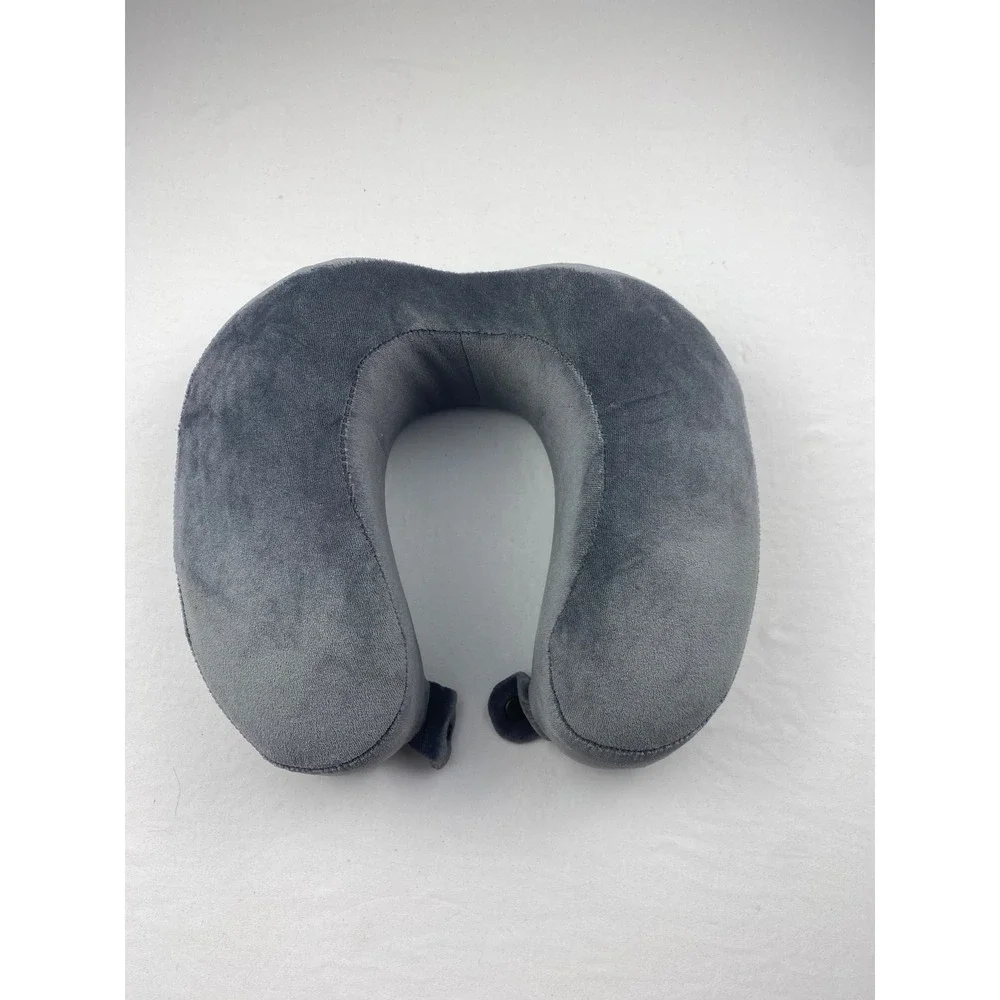 Gray Memory Foam Travel Neck Pillow Plush U-Shaped Support with Snap Closure